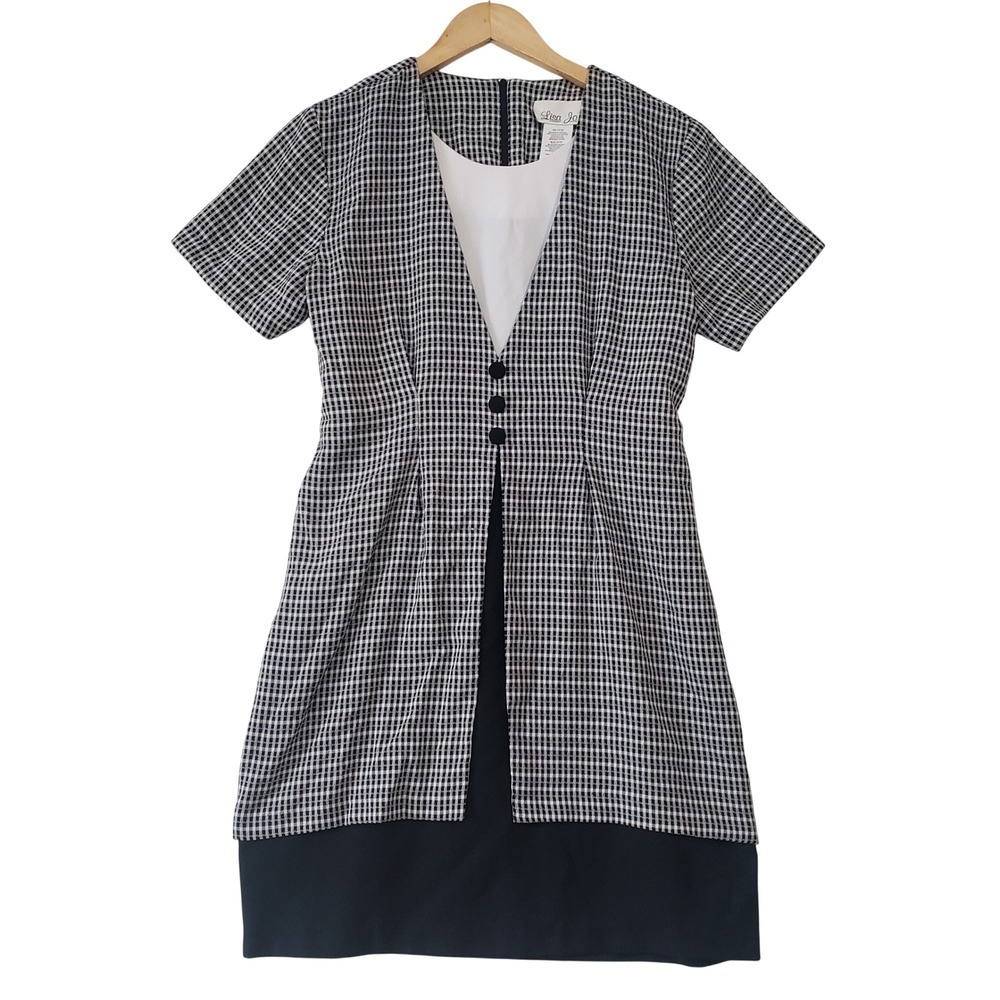 Lisa Jo Dress Womens 11/12 Black Gingham Faux Layered Short Sleeve 90s Vintage